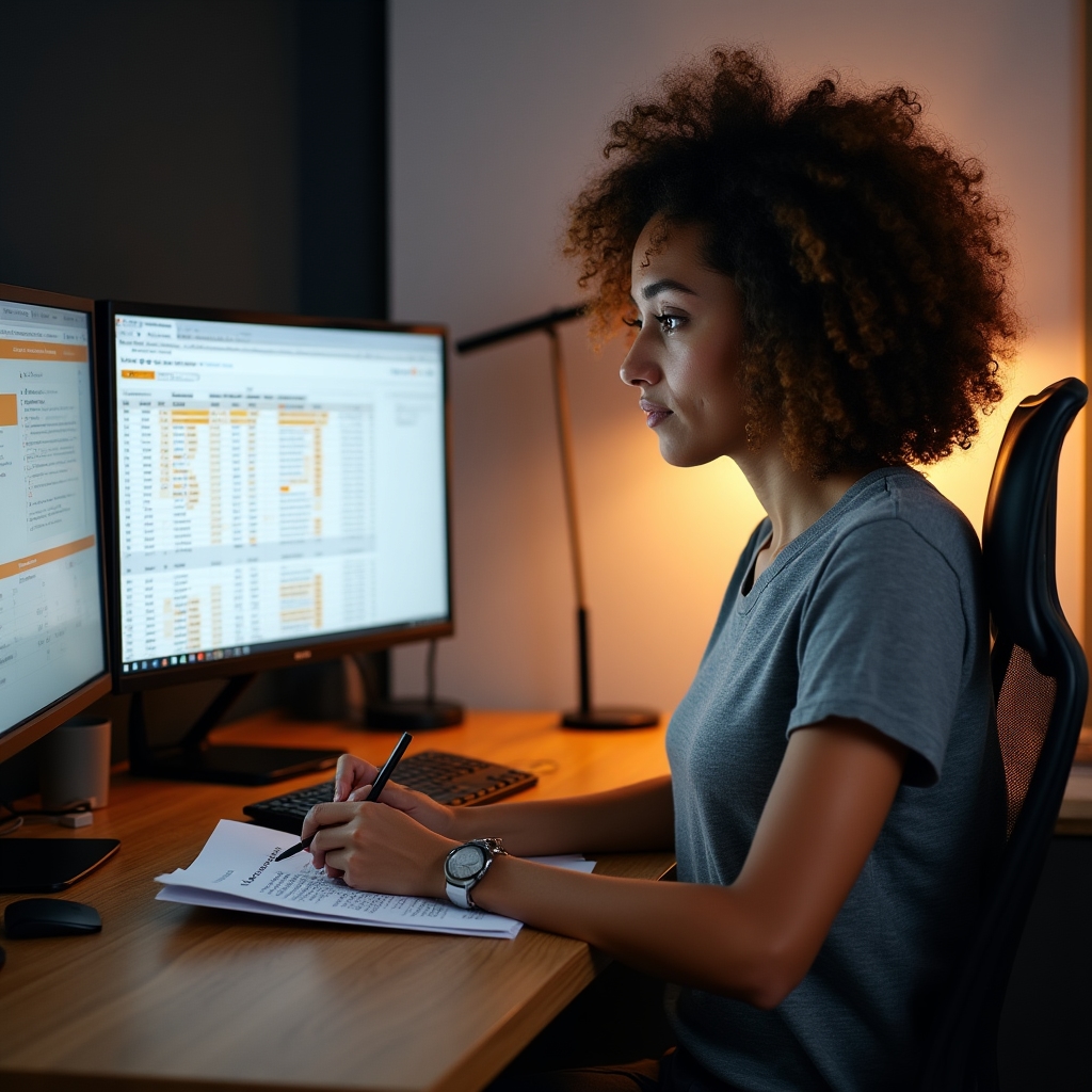SEO specialist working through a citation audit on dual monitors showing directory listings and spreadsheet data in a focused workspace