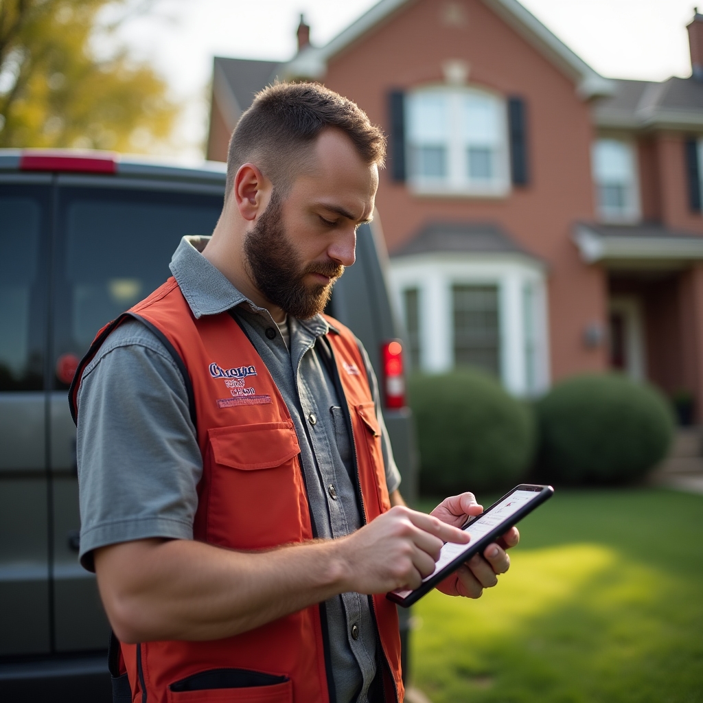 Home services contractor looking at a tablet showing local map search results outside a residential property