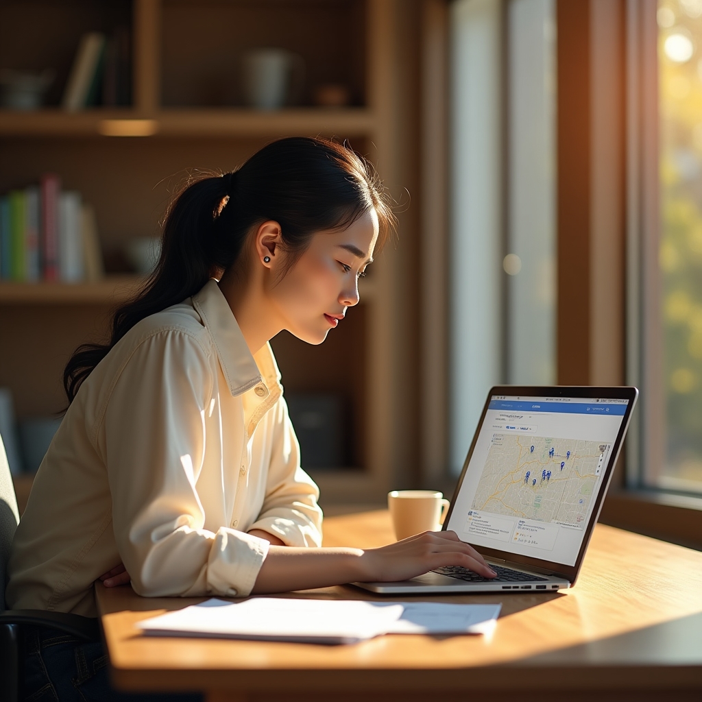 Local SEO specialist reviewing Google Business Profile data on a laptop in a warm office environment
