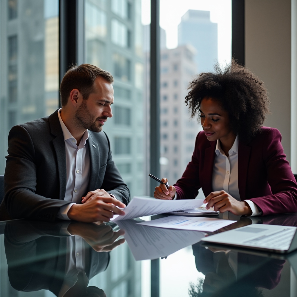 Professional services business owner reviewing local SEO audit results with a specialist in a modern Chicago office