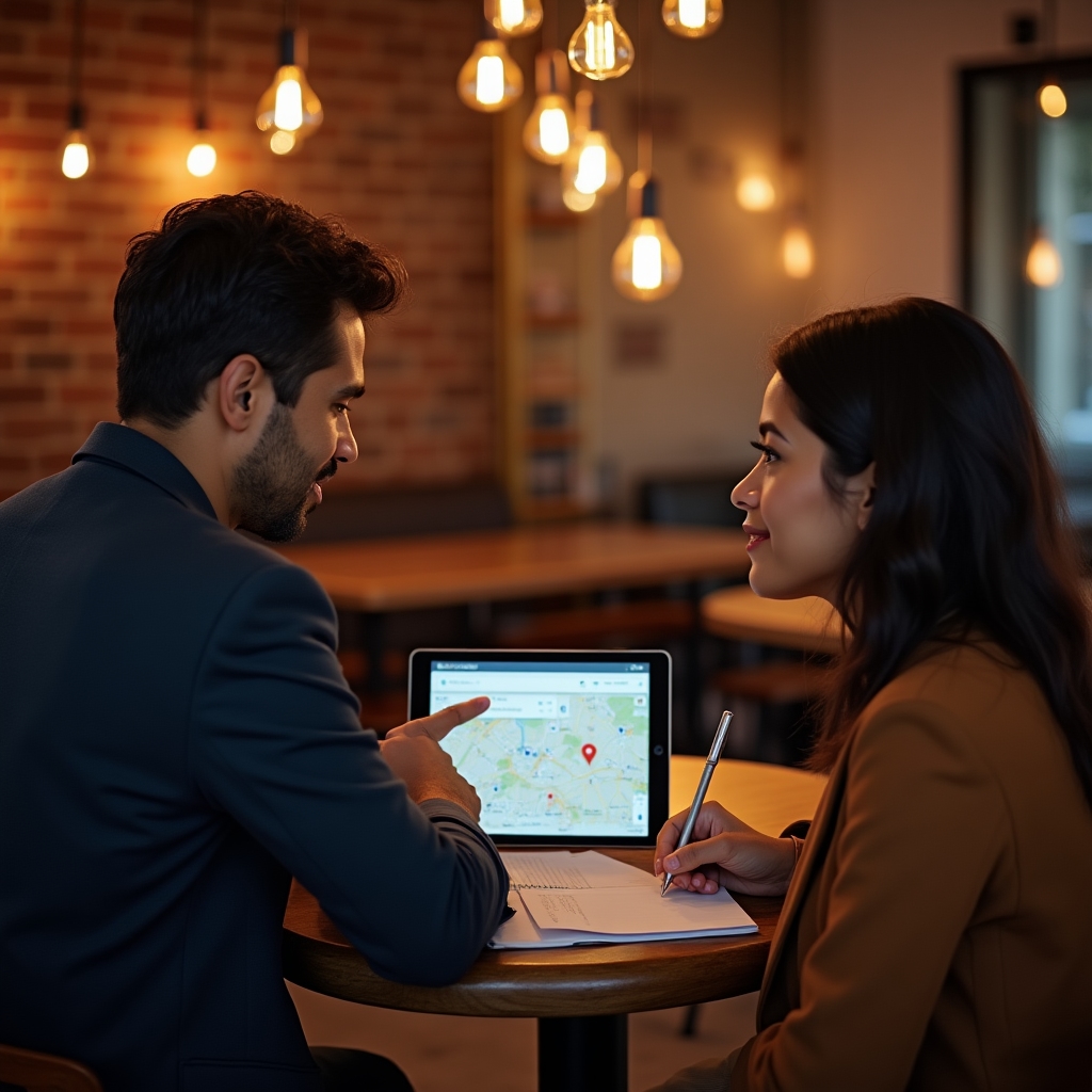 Small business owner consulting with an SEO specialist at a cafe table, reviewing local search results on a tablet